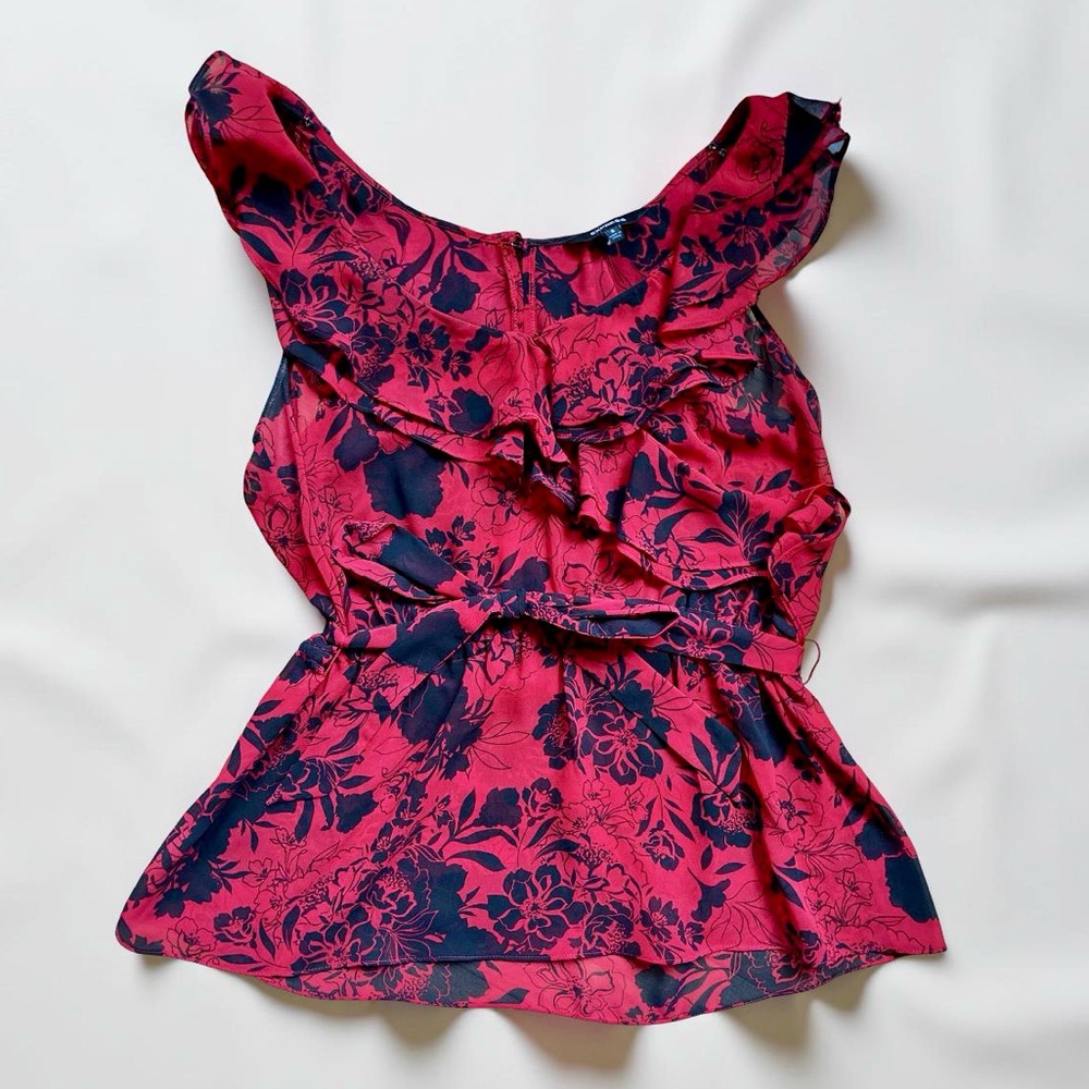 Express Red and Black Floral Ruffle Blouse